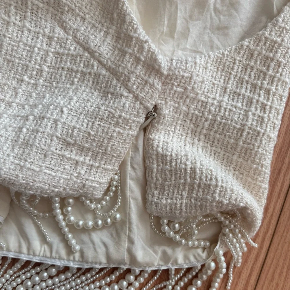 Jason Wu Cream Sleeveless Crop Top Pearl Fringe - Picture 5 of 10